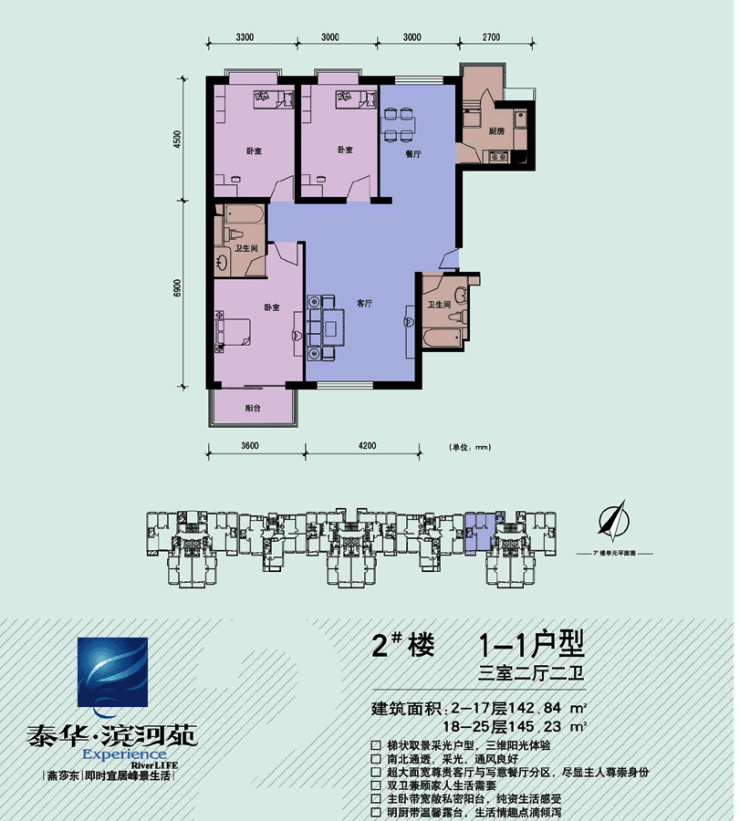 户型:泰华滨河苑2#1-1三室两厅两卫户型