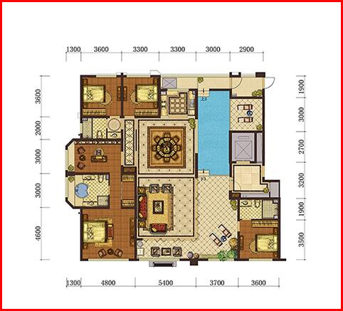 大平层标准层户型:5室3厅4卫1厨,建筑面积约275㎡