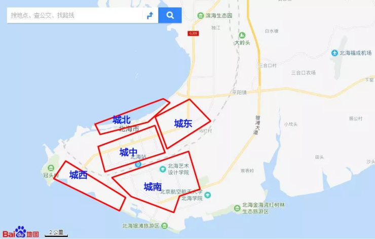 北海市片区划分示意图 北海城南区域示意图 两个广场分别为 海丝路