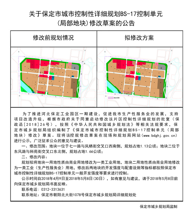 公告|保定东部两商业地块修改为工业用地