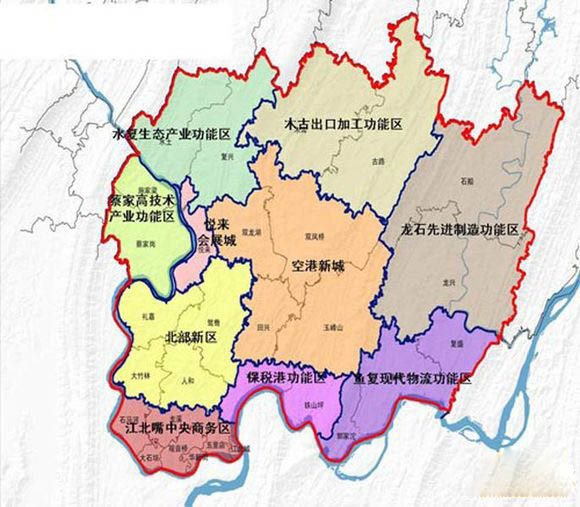 重庆两江新区包含江北区,渝北区和北碚区三个行政部分区域,还包含北部