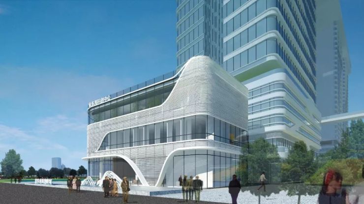 展示中心的立面造型,提取了塔楼的横向线条和流线元素,以游轮大海为