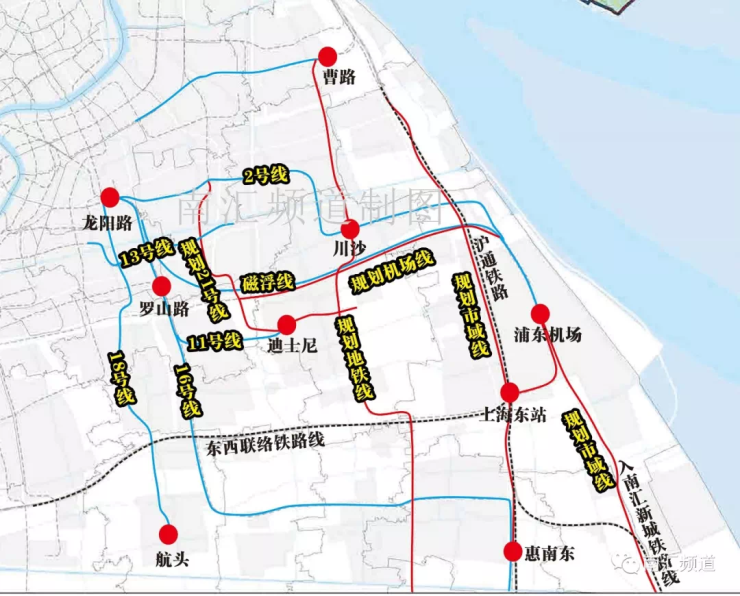 规划市域线曹路-惠南东站方向(沿沪通铁路西侧南行) ④规划市域线浦东