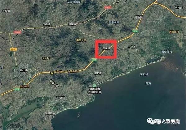 图为乳山银滩新机场所在地—— 南黄镇的卫星定位图.