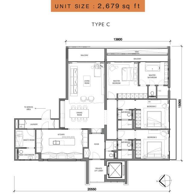 户型417㎡ 4个卧室5个卫生间(不包含佣人房)