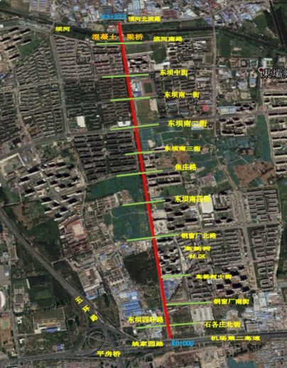 目前,与东坝中路现状相交的道路共14条,自南向北依次为:姚家园路