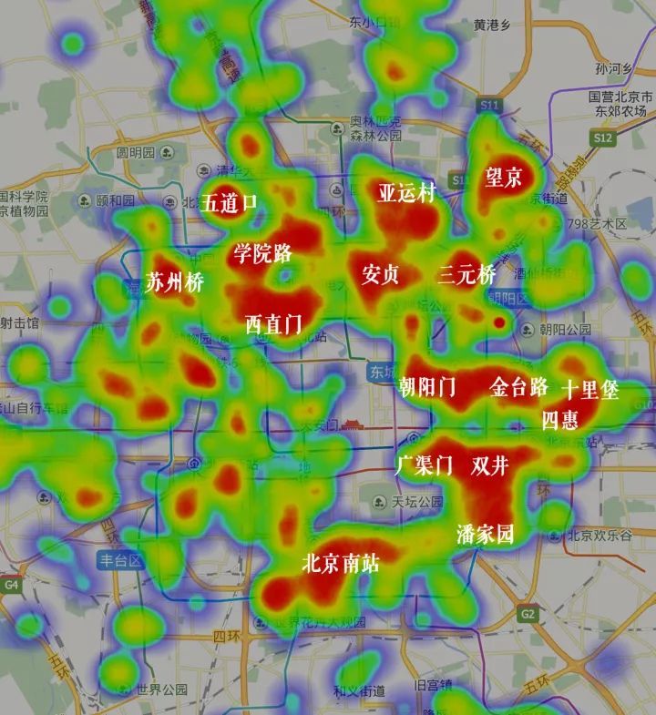 这是北京租房热力图,颜色越红说明该区域小区房屋租金越高,或者说明该