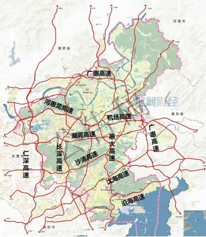 惠州高速公路网规划图从分布图来看,惠州高速公路网的西南部路网相对