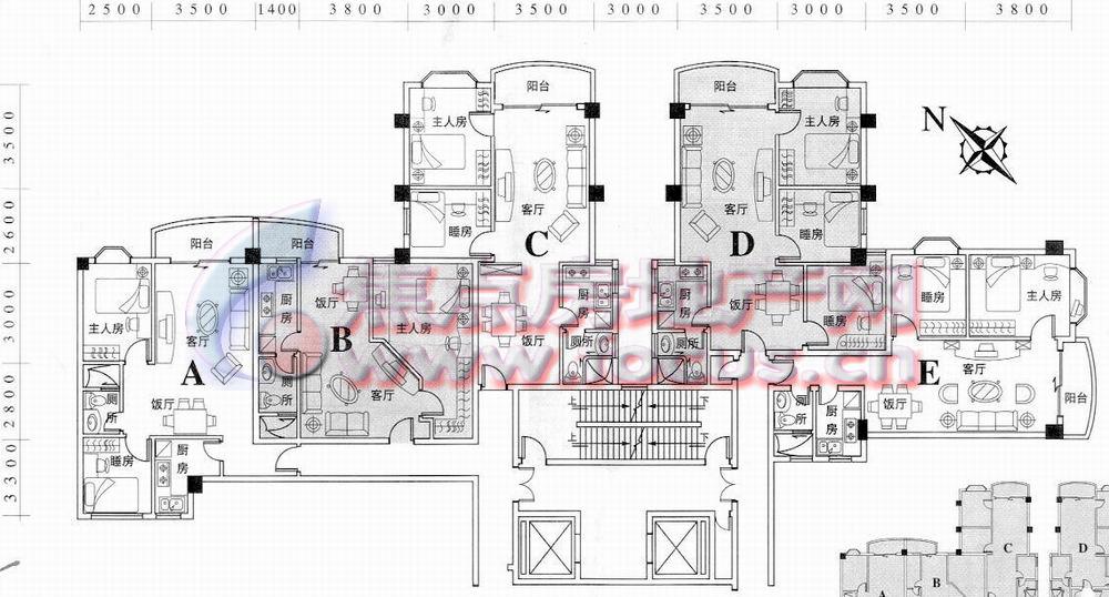 西华苑西华苑c栋(春桃阁a,b,c,d,e单元)6-9层平面_西华苑户型图-广州