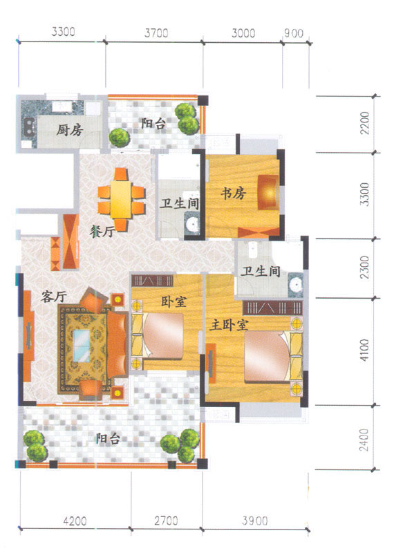 世纪东江学府户型图 三期3g户型3室2厅2卫