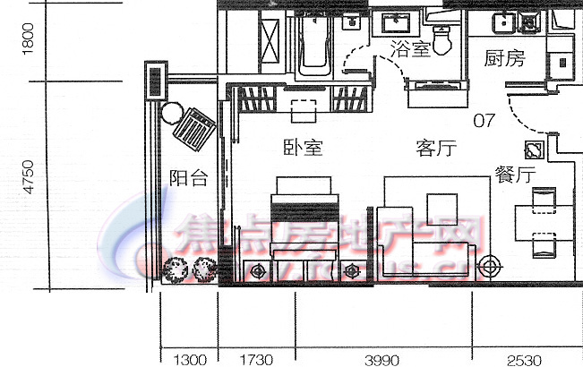 朱美拉公寓d栋07单位70㎡单身公寓_朱美拉公寓户型图