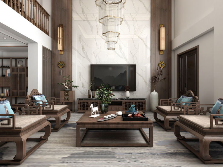 整个空间最具有代表性的这套中式实木组合家具,更好突出新中式风格的