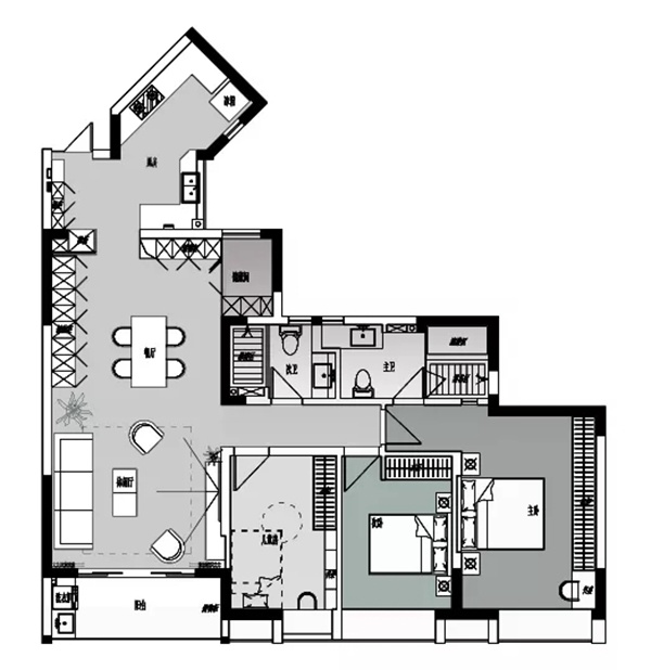 平面图 入户玄关走廊处做了l形的转角鞋柜,鞋柜的底部和中间都留空