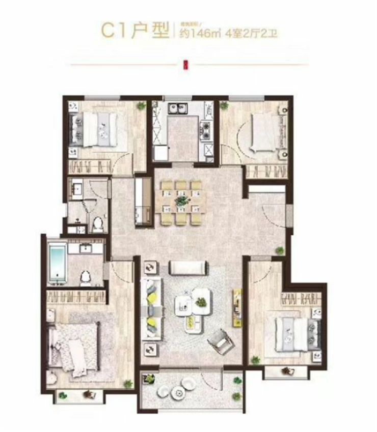 d1户型建面165,4室2厅2卫总结:青铁华润城主推户型都为全明户型