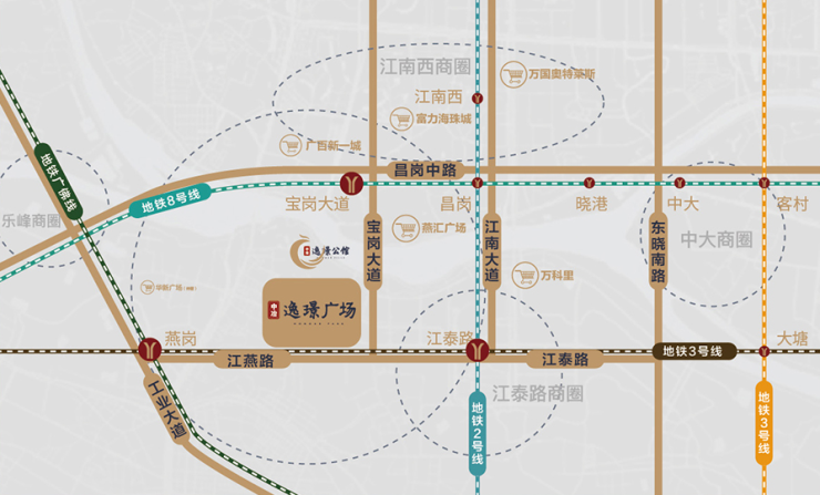 江泰路商圈环绕左右; 2号线,8号线,11号线(在建),广佛线四地铁环伺