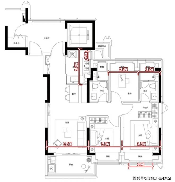 浦发东望101㎡b2户型空间尺寸图买房人在挑选户型时,居住舒适度显得