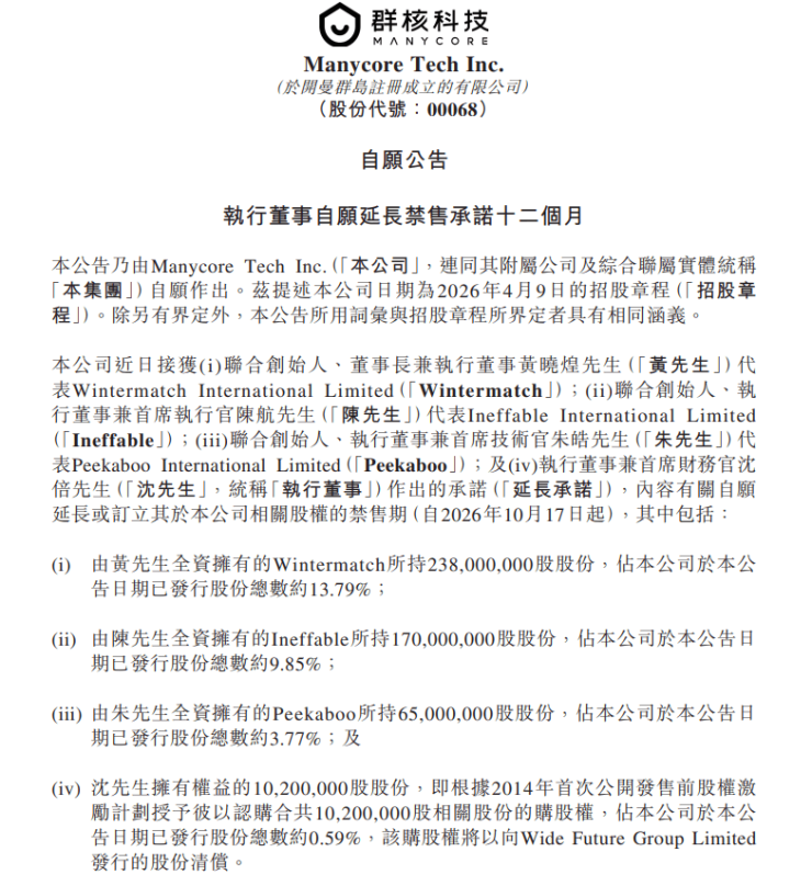 群核科技核心管理层自愿延长股权禁售期12个月,涉4.83亿股