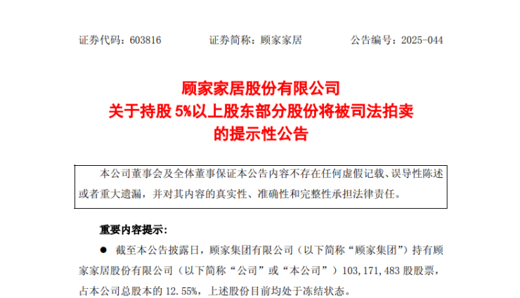 顧家家居股東顧家集團所持近三成股份將被司法拍賣