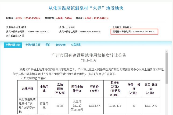 四度出让!再降5358万!从化温泉镇火界地块103亿元转让!