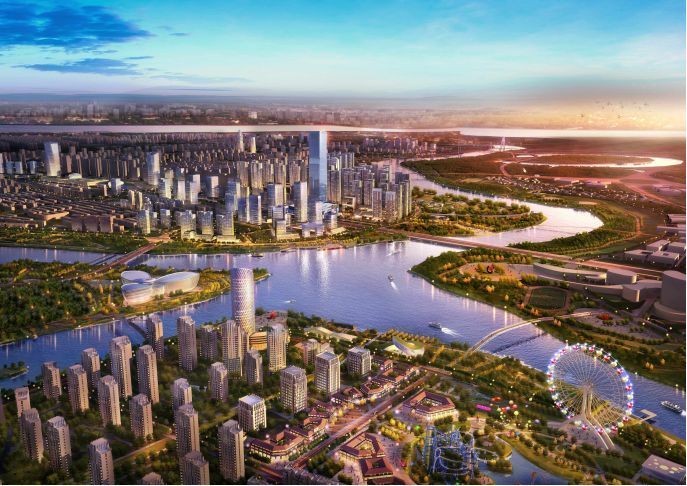 (江都滨江新城三河六岸先导区效果图)目前,除了扬州金奥中心的"约300